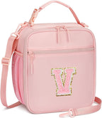 Initial Insulated Lunch Bag for Girls Kids, Back to School Gift, Reusable Leak-proof Lunch Box with Adjustable Strap for School Daycare Travel Picnic (Pink,V)