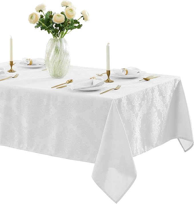 Newbridge Barcelona Luxury Damask Fabric Tablecloth, 70” Extra Wide x 144” Rectangle, White, 100% Polyester, No Iron, Soil Resistant Dining Room, Party and Banquet Table Cover