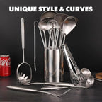 18/10 Stainless Steel Cooking Utensils Set - 16 PCS All Metal Serving Utensils, Kitchen Tools - Whisk, Masher, Fork, Tongs, Solid/Slotted Spoon, Spatula, Turner, Ladle, Skimmer, Pasta, Large Spoon Set