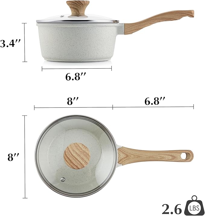 SENSARTE White Ceramic Nonstick Saucepan with Lid 2.5 Quarts, Medium Cooking Pot with Stay Cool Handle, Induction Compatible Saucepot, White Granite Coating, Free of Intentionally Added PTFE/PFOA/PFAS