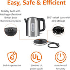 Amazon Basics 1.1Qt (1L) Electric Kettle, Tea Kettle & Water Boiler, with Auto Shut-Off, Boil Dry Protection, High-Safety Strix Thermostat, BPA-Free, 1500W, Stainless Steel, New Model, Black & Silver