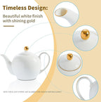 30oz White Porcelain Teapot, Classic design tea pot with Gold Trim, Beautiful white teapots for loose leaf tea and tea bags, Tea Party friendly