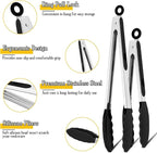 TeamFar Kitchen Tongs, 9" and 12" Stainless Steel Cooking Tongs with Silicone Tips for Cooking Grilling Serving & BBQ, Heat Resistant Silicone Tongs, Locking Design & Dishwasher Safe, Set of 2 & Black