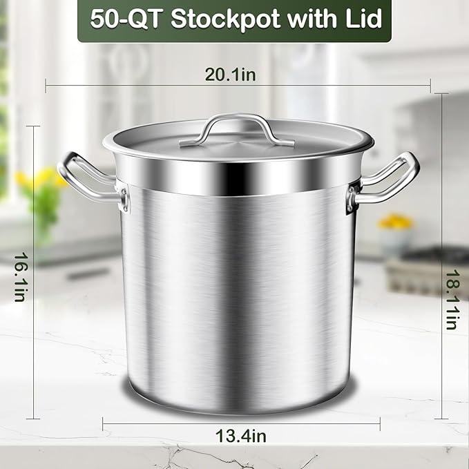 Stainless Steel Stock Pot,50 QT Large Stock Pot with Lid, Heavy Duty Tri-Ply Bottom Commercial Grade Stock Pots & Stockpots for Boiling Cooking Soup Stew Canning Cookware Sauce Cooking Pots