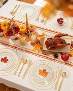 bUCLA 150Pcs Clear Gold Plastic Dinnerware Set - Clear and Gold Disposable Plates Include 25 Dinner / 25 Dessert Plates,25 Knives,25 Forks,25 Spoons,25 Cups for Party, Fall & Thanksgiving