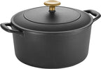 Tramontina Bestow Enameled Cast Iron Dutch Oven Pot with Lid, Round 5.5-quart, Matte Black with Gold Knob