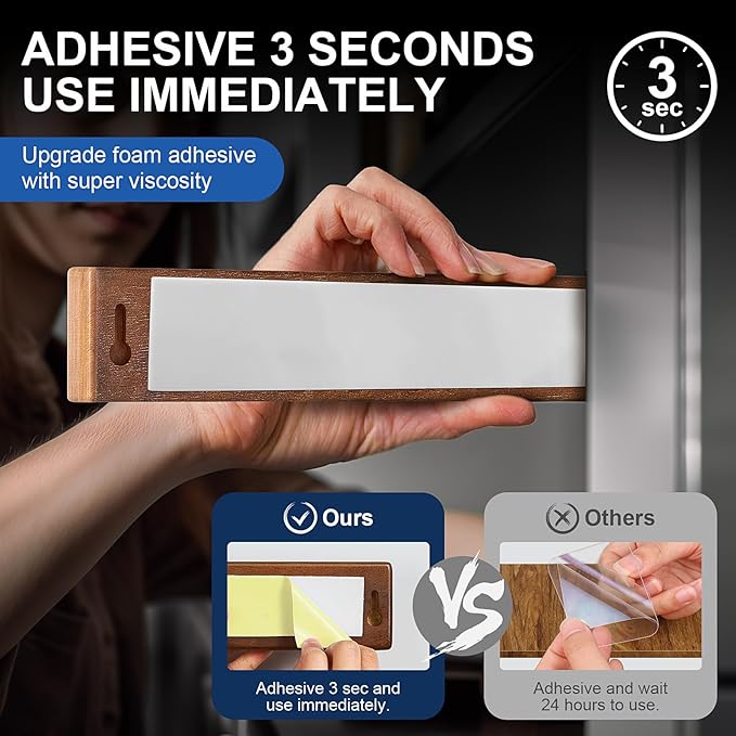 ENOKING Magnetic Knife Holder for Wall, Knife Magnetic Strip No Drilling 16 Inch, Powerful Kitchen Knife Magnetic Holder, Acacia Wood Knife Magnet for Kitchen Utensil Organizer with 4 Hooks