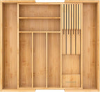 Bamboo-Silverware-Drawer-Organizer-Kitchen, Expandable Utensil Holder Cutlery Tray Flatware Organization Adjustable Wood Tableware Dividers Storage (with Removable Knife Block)(Natural)