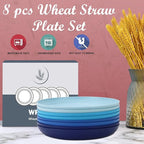 Wrova Wheat Straw Salad Plates - 9 Inch Unbreakable Dinner Set of 8 Dishwasher & Microwave Safe Plastic Reusable Lightweight for kitchen,camping (Ocean),Ocean Series:Gradient Blue