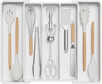 Lifewit Utensil Organizer for Kitchen Drawers, Expandable from 13‘’ to 22.4'', 15'' Depth, Plastic Cutlery Silverware Flatware Holder, Spatula Tools and Gadgets Storage, Large, White