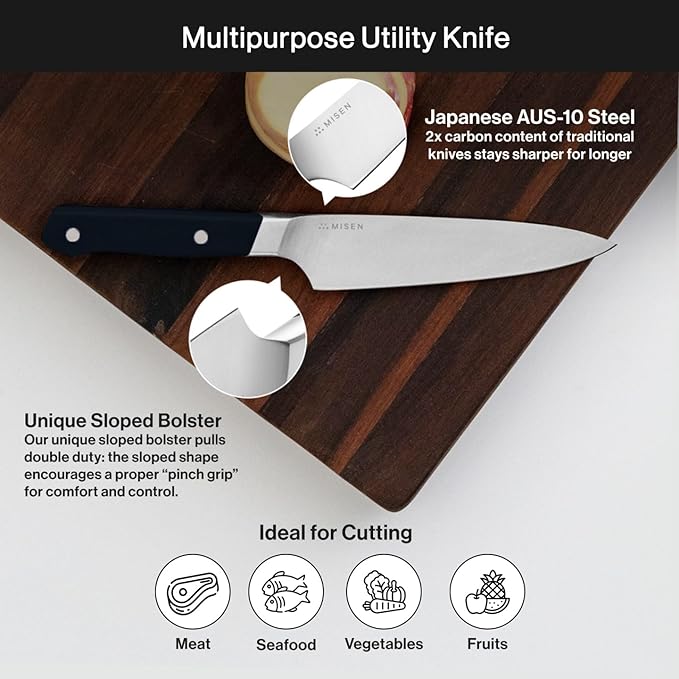 Misen 5.5" Utility Knife – High Carbon Japanese AUS-10 Stainless Steel – Hybrid German & Japanese Blade – Precision Kitchen Knife for Professionals & Home Cooks – Ultimate Cutting Performance - Blue