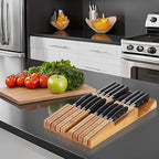 HHXRISE Knife Drawer Organizer, Bamboo In-Drawer Insert Knife Block Holds 16 Knives (Not Included) + Sharpener Slot, Detachable Washable Holder for Kitchen Knives Storage