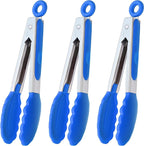 Small Tongs with Silicone Tips 7-Inch Serving Tongs, Set of 3 (Blue)