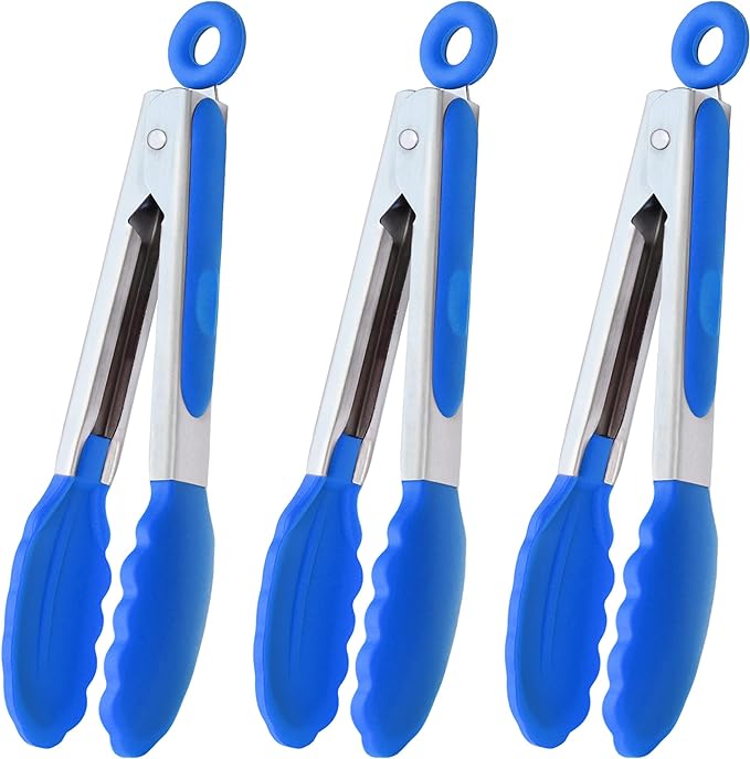 Small Tongs with Silicone Tips 7-Inch Serving Tongs, Set of 3 (Blue)