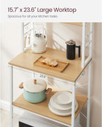 VASAGLE Coffee Bar, Baker’s Rack for Kitchen with Storage, 6-Tier Kitchen Shelves with 6 Hooks, Microwave Stand, Industrial, 15.7 x 23.6 x 65.7 Inches, Oak Color and White UKKS024W09