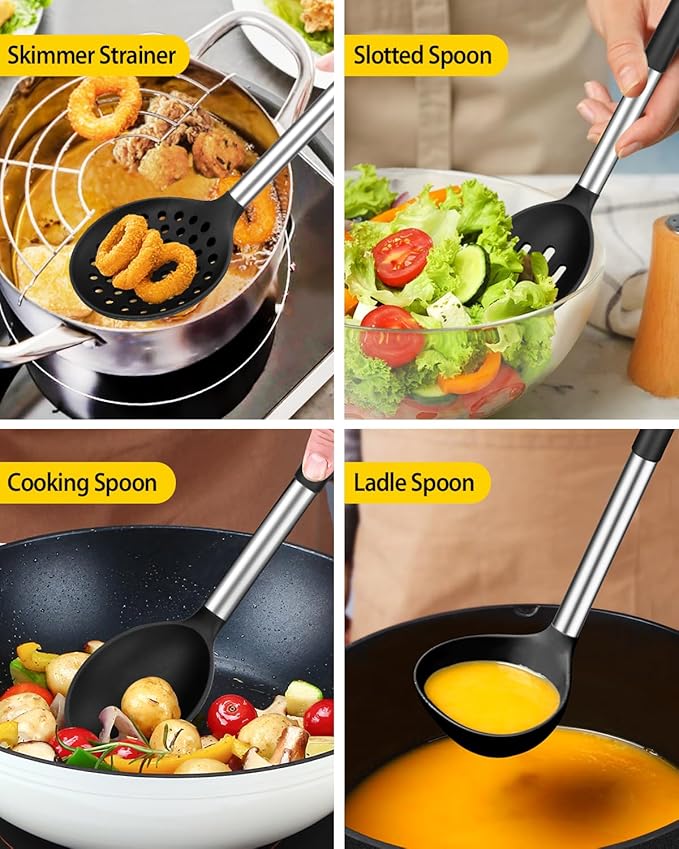Silicone Cooking Utensil Set, 8Pcs Non-stick Cookware with Stainless Steel Handle, BPA Free Heat Resistant Kitchen Tools with Spatulas, Turners, Spoons, Skimmer and Pasta Fork
