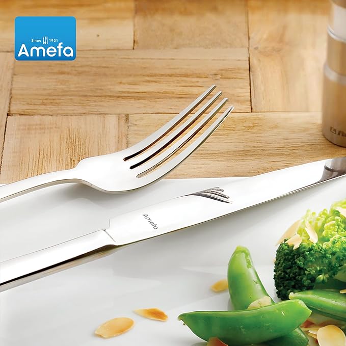 Amefa 45-Piece Silverware Flatware Cutlery Set Service for 8, Durable 18/10 Stainless Steel High Gloss Mirror Finish, tableware in Ergonomic Design Size and Weight, Dishwasher Safe (Moderno)
