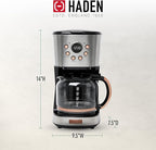 Haden Coffee Machine, 12 Cup Programmable Drip Coffee Maker with Auto Shut-Off Function and Reusable Washable Water Filter, Steel & Copper