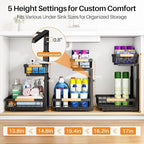 PXRACK 2 PACK Under Sink Organizer,Adjustable Height,2 Tier Pull Out Under Cabinet Organizer,Thickened Metal Shelf,Slide Out Under Sink Storage for Kitchen Bathroom Cabinet Laundry