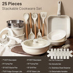 KIKCOIN Ceramic Nonstick Pots and Pans Set - Cookware Set with Detachable Handle - 25 Pack Stackable Cooking Set for RV Kitchen, with Frying Pans, Steamer - Induction/Dishwasher/Oven Safe, PFOA Free