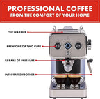 Emeril Lagasse Semi-Automatic 15-Bar Pro Espresso Machine with Milk Frother Steam Wand, Stainless Steel Finish, Double Shot, 37oz Removable Water Tank, Auto Shut-Off, 1350W