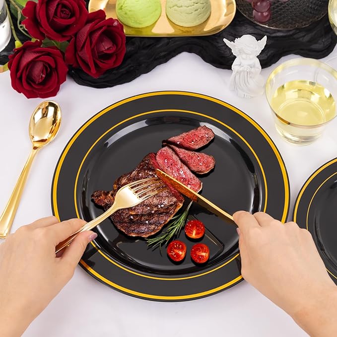 bUCLA 300PCS Black and Gold Disposable Dinnerware Set - 50 Guests Black Plastic Plates with Gold Rim Include 50 Dinner / 50 Dessert Plates, 50 Forks,50 Knives,50 Spoons&50 Cups for Party&New Year