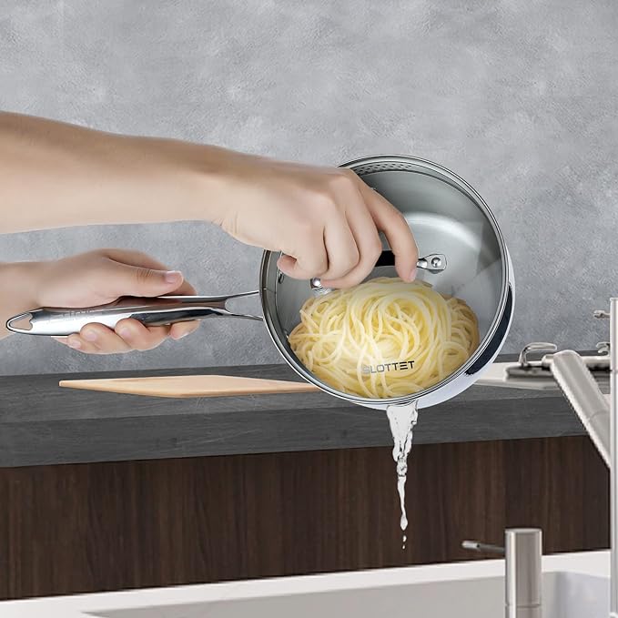 Tri-Ply Whole-Clad Stainless Steel Sauce Pan with Pour Spout,1.5 Quart Small Multipurpose Pasta Pot with Strainer Glass Lid, Saucepan for Cooking with Stay-cool Handle.