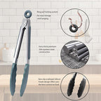 Kitchen Tongs with Silicone Tips,Tongs for Cooking Heat Resistant 600 Degrees Stainless Steel Locking Tongs,Dark green Set of 3-7", 9" and 12"