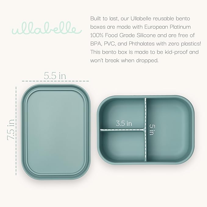 Ullabelle Leak Proof Bento Box Food-Grade Silicone Bento, BPA, Phthalate, Lead, & PVC Free - Bento Lunch Box for Daycare, Kids, & Adults - Leak Resistant Sets With Lids Snack Box Container (Green)