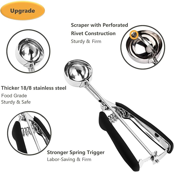 Cookie Scoop, Ice Cream Scoop, 3 Tbsp/ 45 ml/ 1.5 oz, 18/8 Stainless Steel Ice Cream Scooper with Trigger Release, Cupcake Scoop with Non-slip Grip