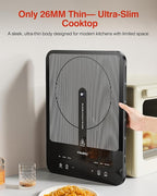 Portable Induction Cooktop, 1°C Precision Control, Dual Temp Display, 1L Boils in 4 Mins, Ultra-Slim 26mm Burner, 6 Cooking Modes, 3-Hour Timer, Glass Surface, for Magnetic Cookware Only