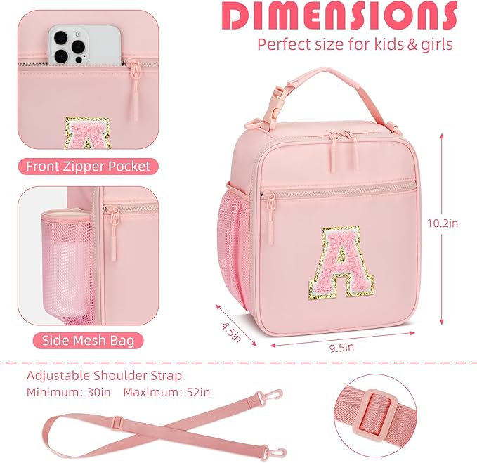 Initial Insulated Lunch Bag for Girls Kids, Back to School Gift, Reusable Leak-proof Lunch Box with Adjustable Strap for School Daycare Travel Picnic (Pink,A)