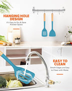 Silicone Wok Spatula Turner Set, Perfect for Scooping, Flipping, Lifting Pancakes and Picking up Veggies, BPA-Free Matte Silicone, Wooden Handles, Safe for Nonstick Cooking Surfaces (Blue)