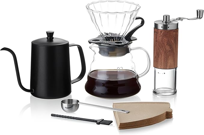 Unbreakable Pour Over Coffee Maker Set – 6-Piece Set with Coffee Maker, Hand Coffee Grinder, Hand Drip Kettle, V60 Filters (40 Sheets), and Measuring Spoon – Perfect for Home Brewing and Travel
