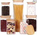 Glass Storage Canister with Wooden Lid, Set of 7 Square Glass Jars with Bamboo Lids, Glass Food Storage Containers for Pasta, Cereal, Flour, Sugar, Best for Kitchen & Pantry