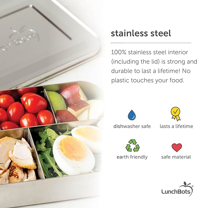 LunchBots Medium Duo Snack Container - Divided Stainless Steel Food Container - Two Sections for Half Sandwich and a Side - Eco-Friendly - Dishwasher Safe - Stainless Lid - Pink Dots