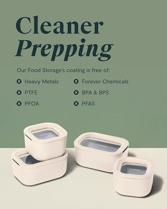 Caraway 2pc Glass Food Storage Set - 2.6 Cup Food Containers (2) - Non-Toxic Ceramic-Coated Glass - Air Release Technology - Compact & Stackable Design - Mist
