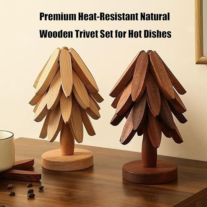 Natural Wood Tree Trivet Set, 𝐍atural Tree Trivet Set - 4 Wooden Trivets,4 Wooden 𝐓rivets & 1 Stand Like a Christmas Trees,for Hot Dish,Pot,Bowl,Teapot,Hot Pot Sets (Walnut Finish 3 Trivets,1set)