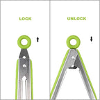 304 Stainless Steel Kitchen Cooking Tongs, 9" and 12" Set of 4 Sturdy Grilling Barbeque Brushed Locking Food Tongs with Ergonomic Grip, Green