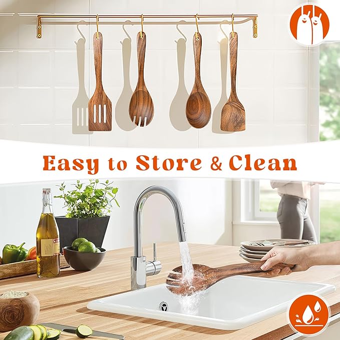 4Pcs Wooden Spoons for Cooking, Acacia Wood Kitchen Utensils Set for Nonstick Pans, Smooth Finish Cooking Utensils with Long Handle, Wooden Spatula for Cooking, Mixing, Baking