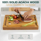 Yes4All Durable Acacia Cutting Boards for Kitchen, [17''Lx13''Wx1.5” Thick] Medium Edge Grain Cutting Board, Pre Oiled Wood Cutting Boards, Thick Chopping Board w/Juice Grooves and Easy Grip Handle