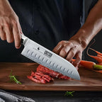 HOSHANHO 7 Inch Santoku Knife，Professional Japanese High Carbon Steel Chef Knife, Razor Sharp Kitchen Knife with Ergonomic Red Sandal Wooden Handle - Gift Box
