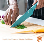 MasterChef Kitchen Knives Set with Covers incl. Paring, Boning, Carving, Bread, Santoku & Chef Knife, Sharp Cutting Stainless Steel Blades with Sheaths, 12 Piece (6 Colored Knives & 6 Covers)
