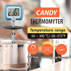 Digital Candy Thermometer with Adjustable Display, 304 Stainless Steel Probe, -58°F~572°F, Blue Body, Includes 2 Pot Clips & Heat-Insulating Pad for Sugar Syrup, Jam, Chocolate, Frying Oil