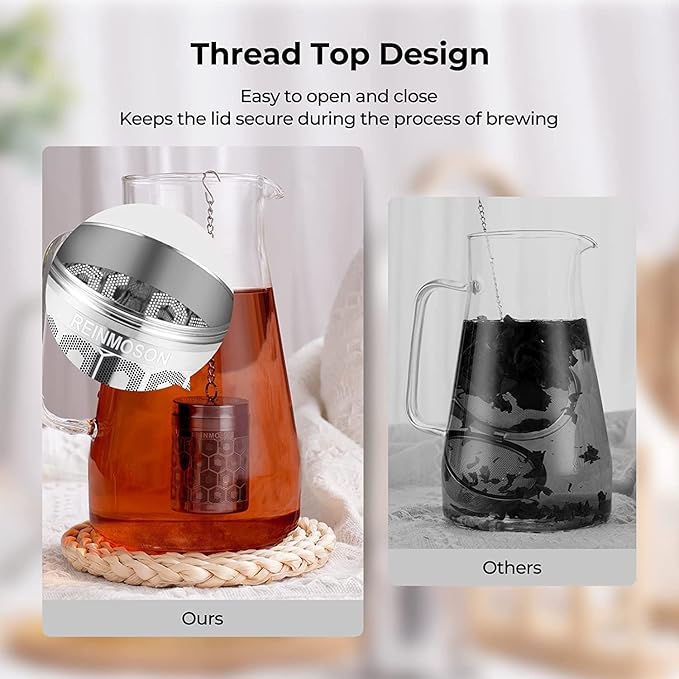 2 Pack Reinmoson Tea Strainers for Loose Tea, Extra Fine Mesh Tea Infuser, 304 Stainless Steel & Updated Slim Threaded Lid, Loose Leaf Tea Steeper for Black Tea, Rooibos, etc