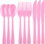 300 Pieces Light Pink Plastic Silverware Heavy Duty Plastic Cutlery Set Heavyweight Disposable Flatware Includes Spoons Forks Knifes for Birthday Party Prom Night Wedding Dinner