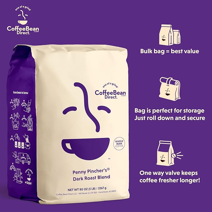Coffee Bean Direct Penny Pincher's® Dark Roast Blend, Whole Bean Coffee, Dark Roast, 5 Pound Bag (Pack of 1)