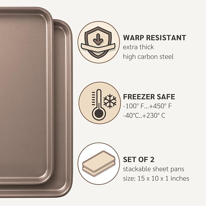 HAPPIELS Nonstick 15x10 inch Baking Sheet Set of 2 | PFOA & BPA Free Non Toxic Carbon Steel 10x15 inches Cookie Sheets | Best Non stick Oven Cooking Pans & Jelly Roll Pan | Best Nontoxic Baking Trays
