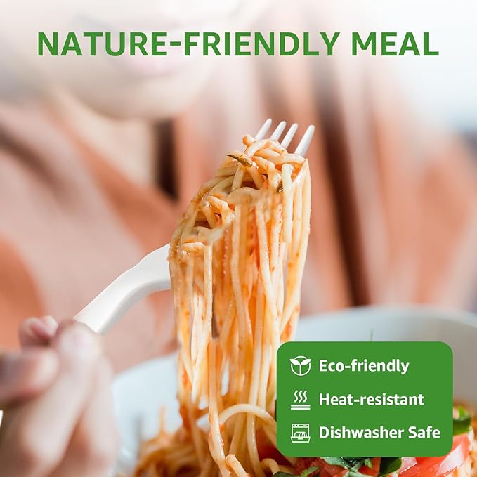100% Compostable Forks 60 Count Disposable Forks Heavy Duty Utensils Set Fork Silverware Eco Friendly Flatware Plastic Free for Party Camping Picnics Wedding-Ivory White