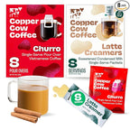 Copper Cow Coffee Pour Over Vietnamese Coffee Pouches + Sweetened Condensed Milk Creamers (8 Coffees & 8 Milk Creamers) | Churro Lattes, No Refrigeration Needed, Travel Friendly